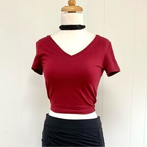 New Wild Fable V-Neck Cropped T Shirt Berry Maroon Responsible Recycled S M